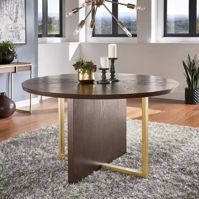 Espresso Round Dining Table with Gold Metal Base and Oak Veneer Top