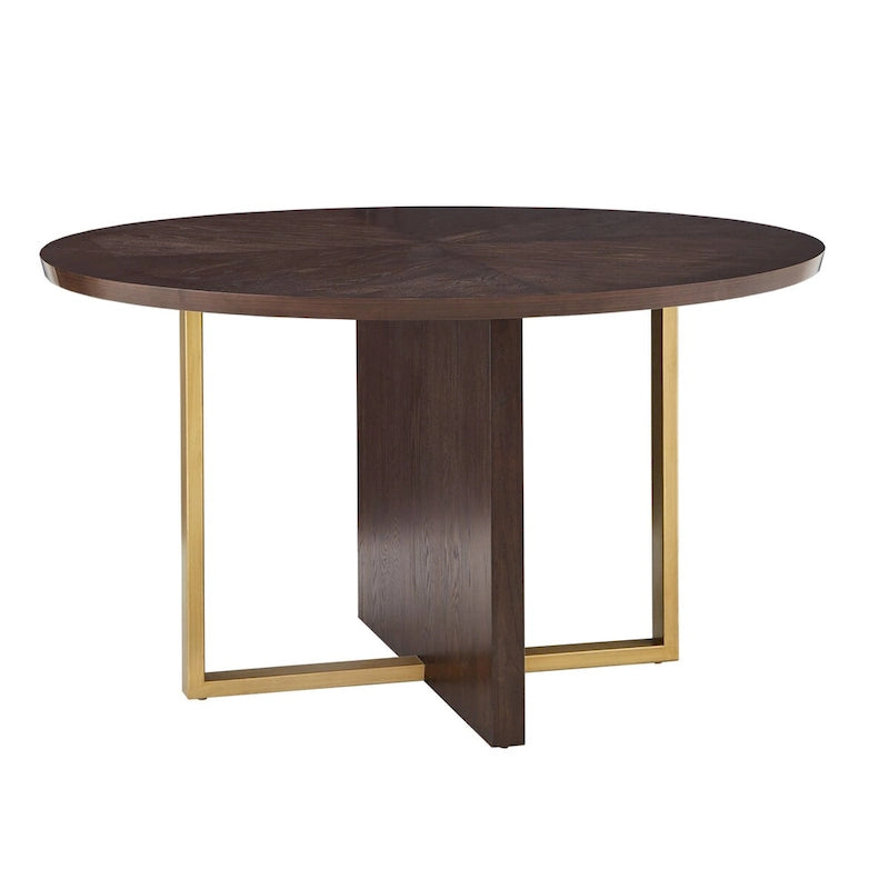Espresso Round Dining Table with Gold Metal Base and Oak Veneer Top
