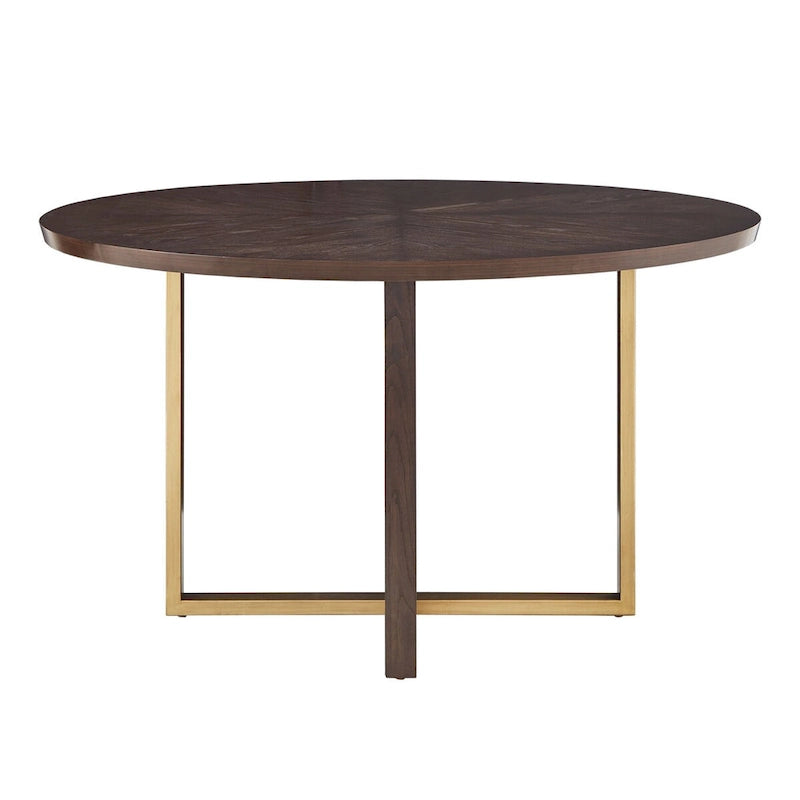 Espresso Round Dining Table with Gold Metal Base and Oak Veneer Top