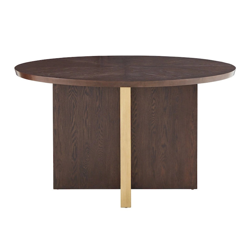 Espresso Round Dining Table with Gold Metal Base and Oak Veneer Top