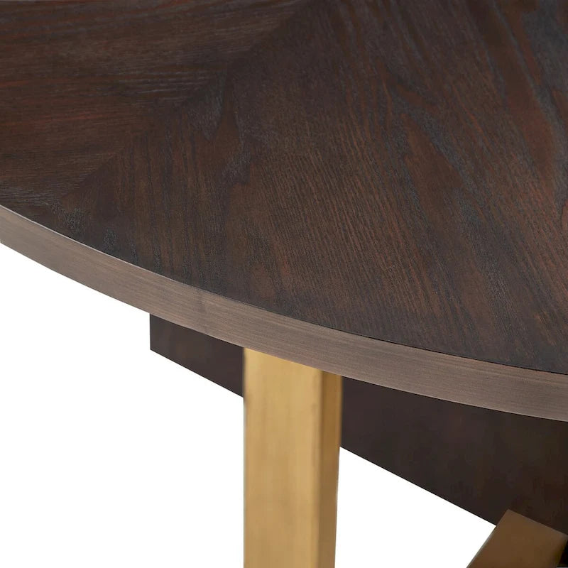 Espresso Round Dining Table with Gold Metal Base and Oak Veneer Top