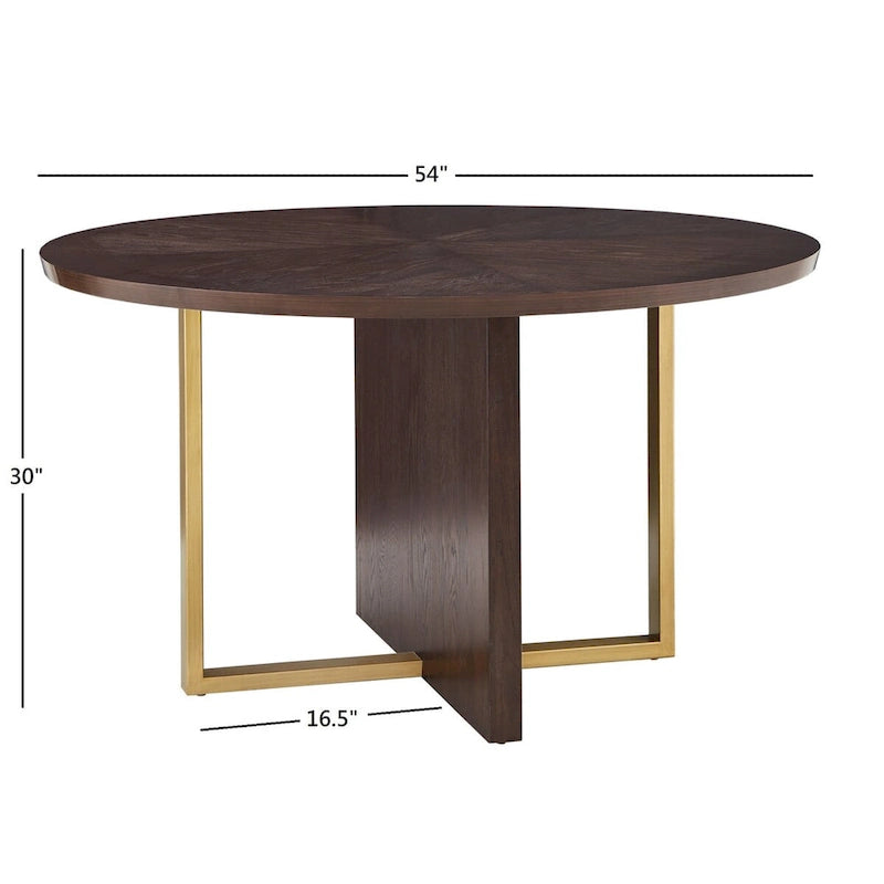 Espresso Round Dining Table with Gold Metal Base and Oak Veneer Top