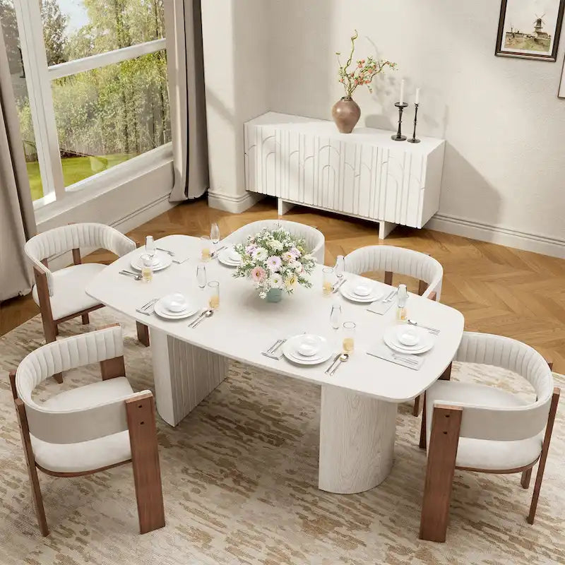 Beige Oval Engineered Wood Dining Table Modern Elegant 6-Seat