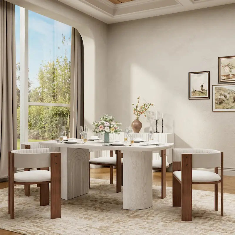 Beige Oval Engineered Wood Dining Table Modern Elegant 6-Seat