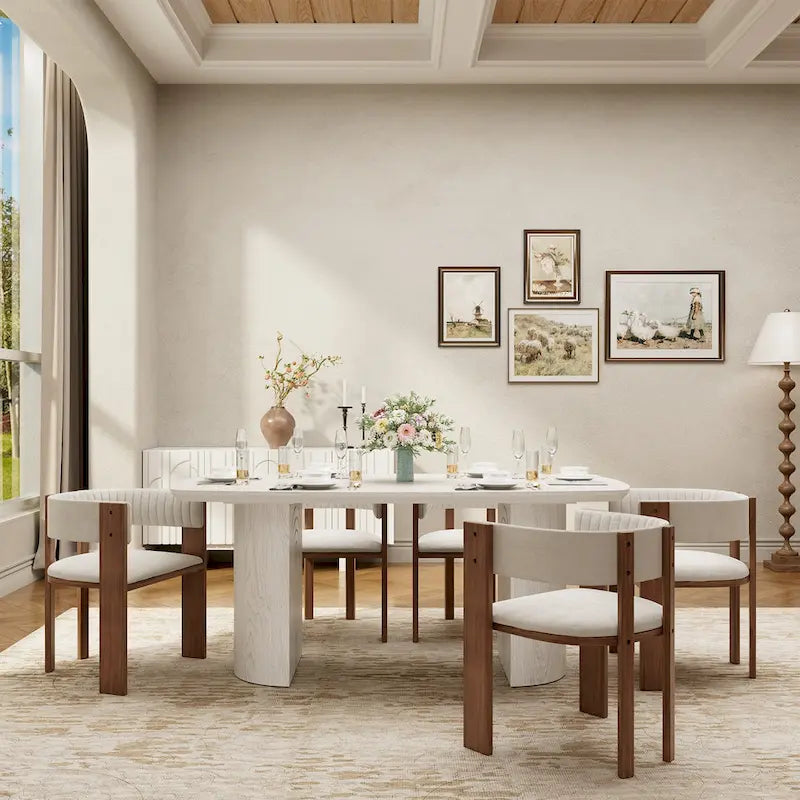 Beige Oval Engineered Wood Dining Table Modern Elegant 6-Seat