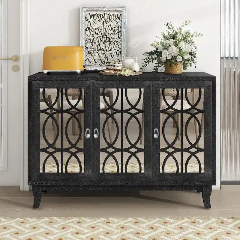 Farmhouse Mirrored 3-Door Sideboard Buffet Cabinet Silver Handle Black Grey Oak