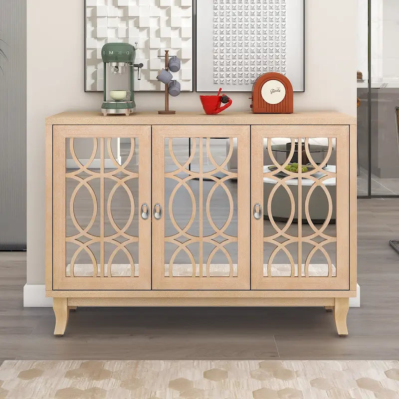 Farmhouse Mirrored 3-Door Sideboard Buffet Cabinet Silver Handle Black Grey Oak