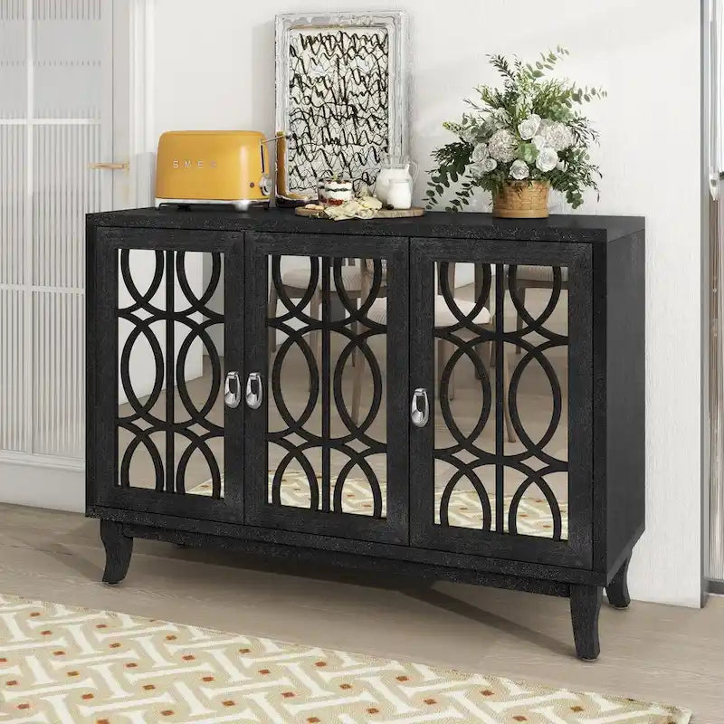 Farmhouse Mirrored 3-Door Sideboard Buffet Cabinet Silver Handle Black Grey Oak