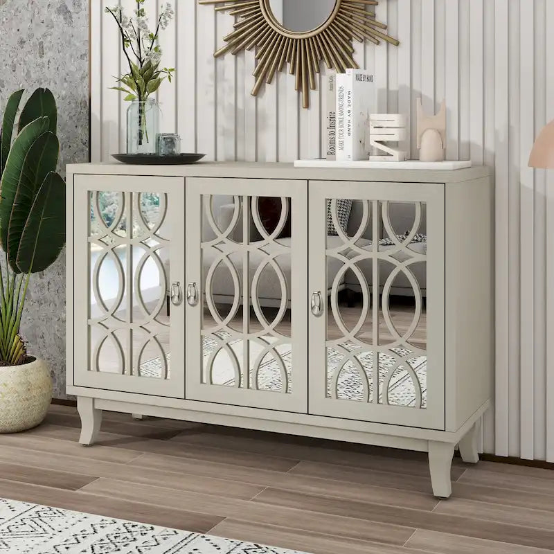 Farmhouse Mirrored 3-Door Sideboard Buffet Cabinet Silver Handle Black Grey Oak