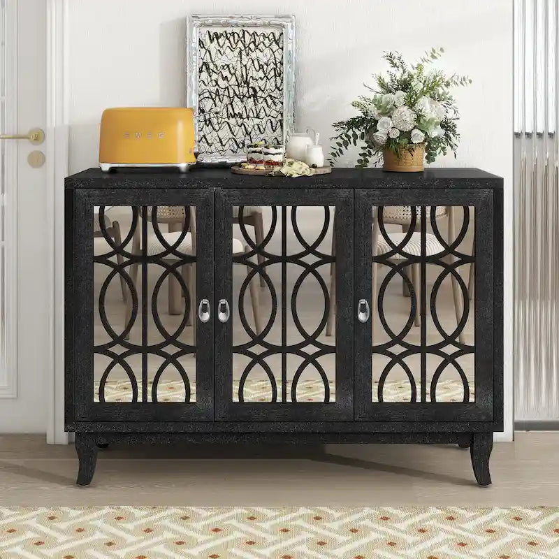 Farmhouse Mirrored 3-Door Sideboard Buffet Cabinet Silver Handle Black Grey Oak