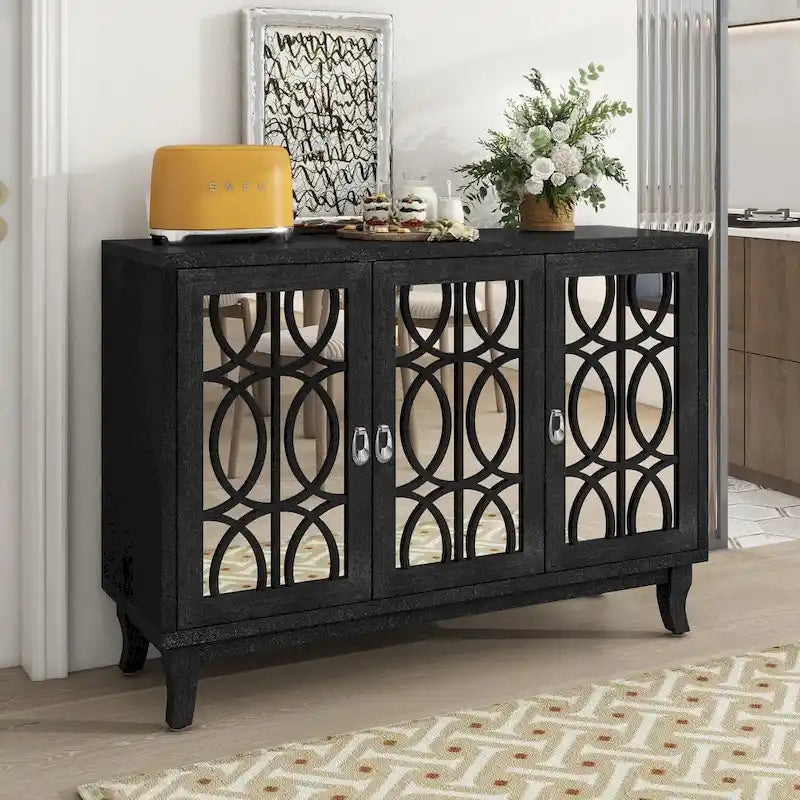 Farmhouse Mirrored 3-Door Sideboard Buffet Cabinet Silver Handle Black Grey Oak