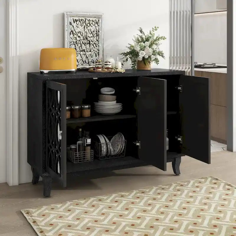 Farmhouse Mirrored 3-Door Sideboard Buffet Cabinet Silver Handle Black Grey Oak