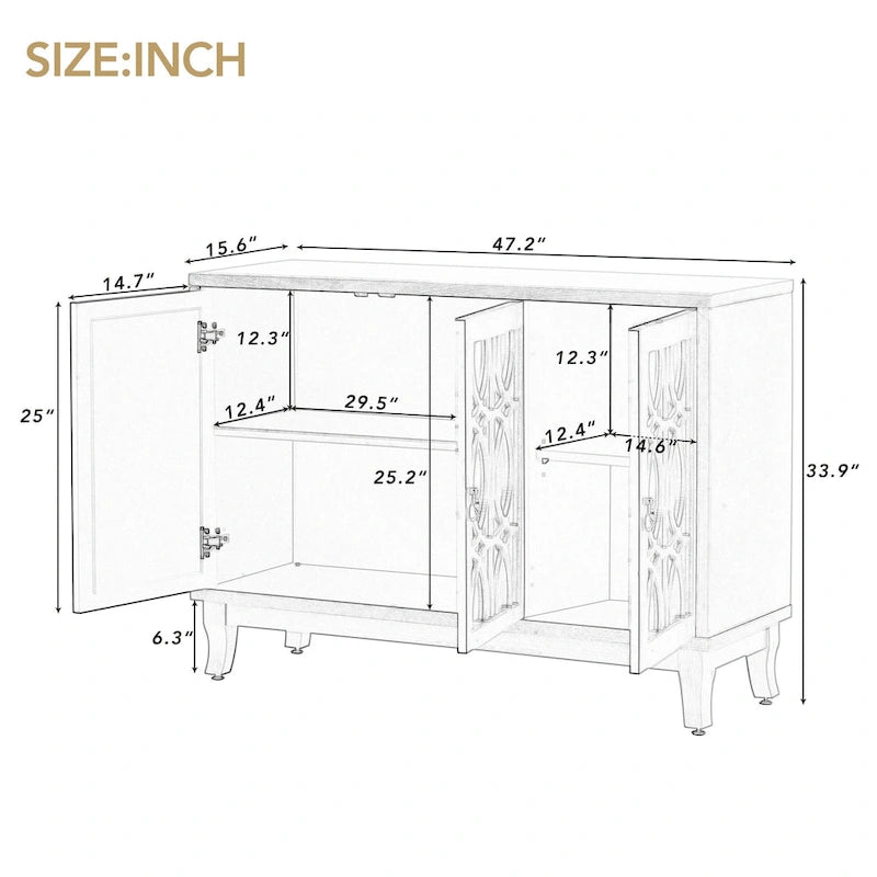 Farmhouse Mirrored 3-Door Sideboard Buffet Cabinet Silver Handle Black Grey Oak