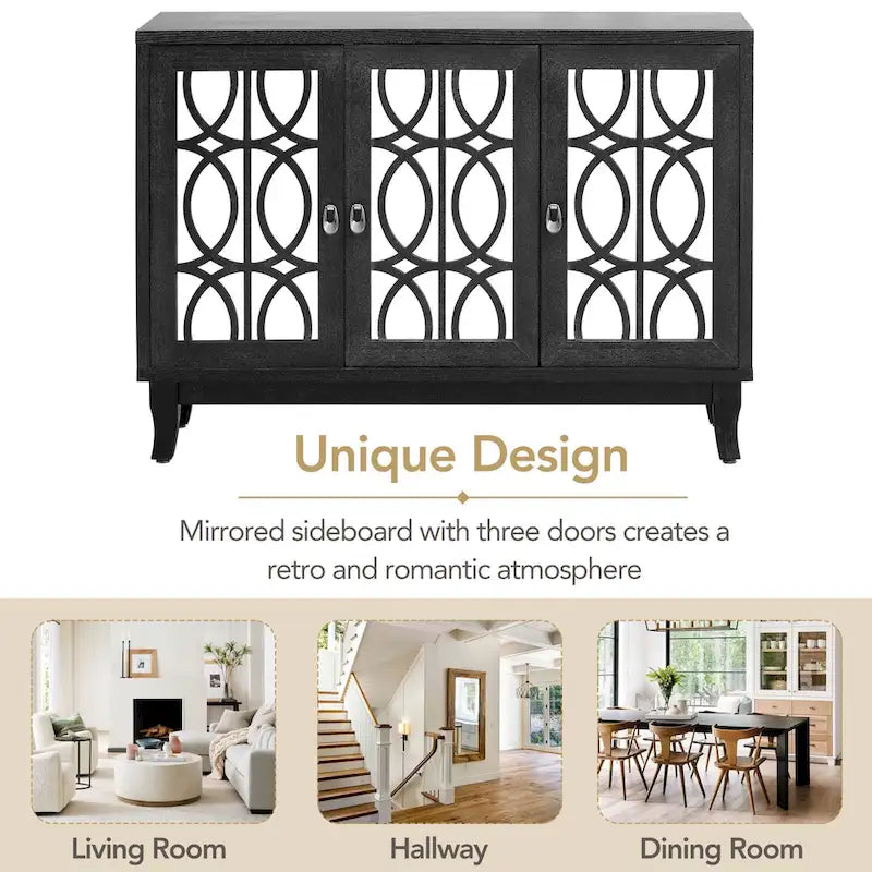 Farmhouse Mirrored 3-Door Sideboard Buffet Cabinet Silver Handle Black Grey Oak