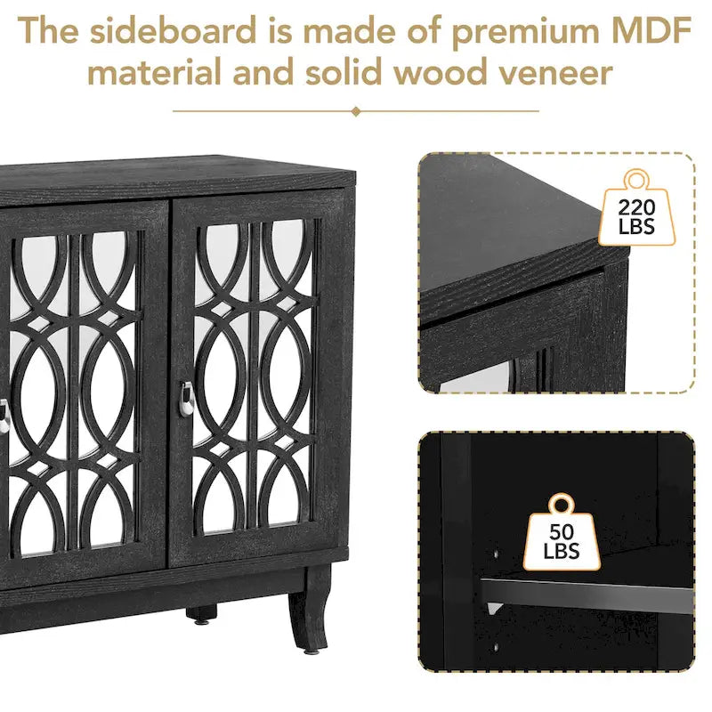 Farmhouse Mirrored 3-Door Sideboard Buffet Cabinet Silver Handle Black Grey Oak