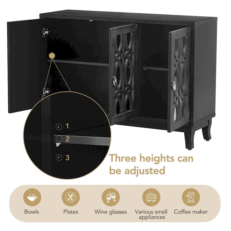 Farmhouse Mirrored 3-Door Sideboard Buffet Cabinet Silver Handle Black Grey Oak