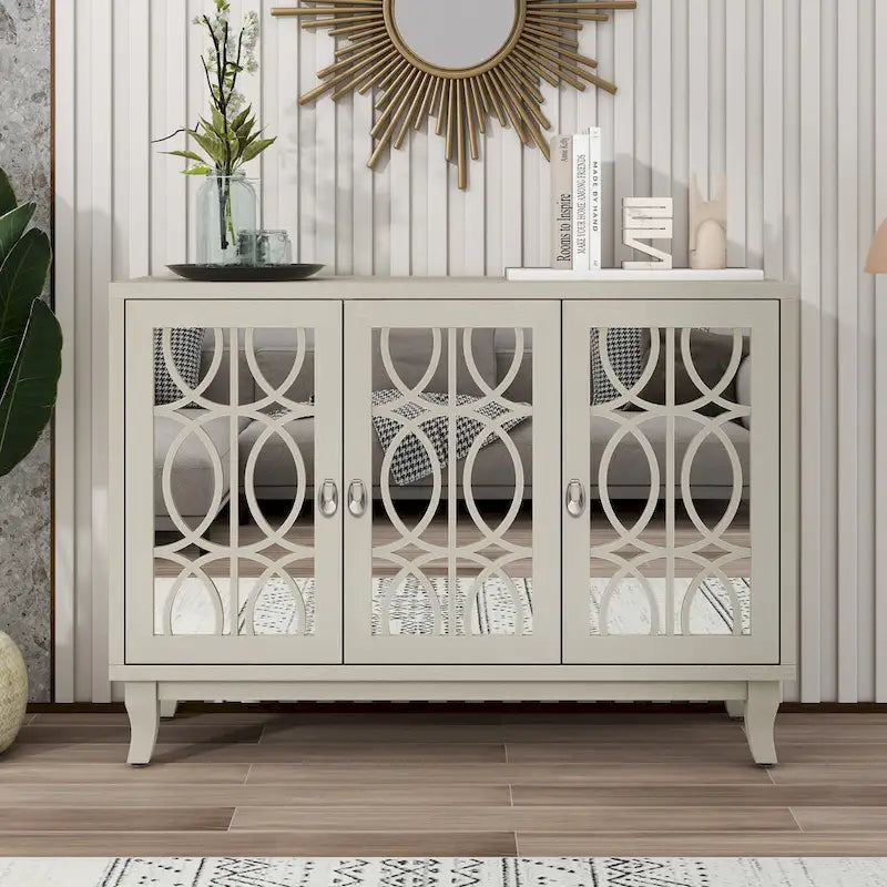 Farmhouse Mirrored 3-Door Sideboard Buffet Cabinet Silver Handle Black Grey Oak