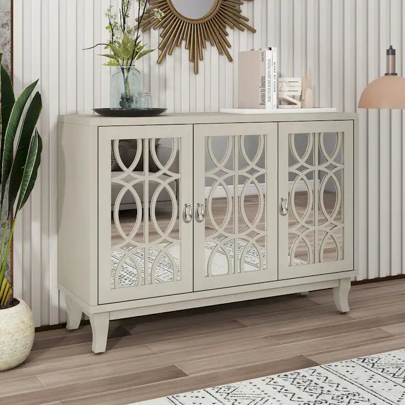 Farmhouse Mirrored 3-Door Sideboard Buffet Cabinet Silver Handle Black Grey Oak