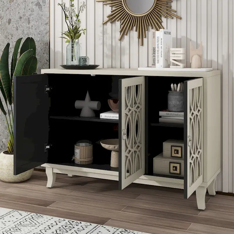 Farmhouse Mirrored 3-Door Sideboard Buffet Cabinet Silver Handle Black Grey Oak