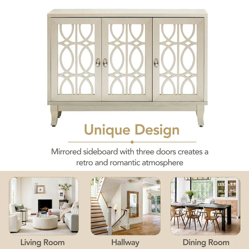 Farmhouse Mirrored 3-Door Sideboard Buffet Cabinet Silver Handle Black Grey Oak