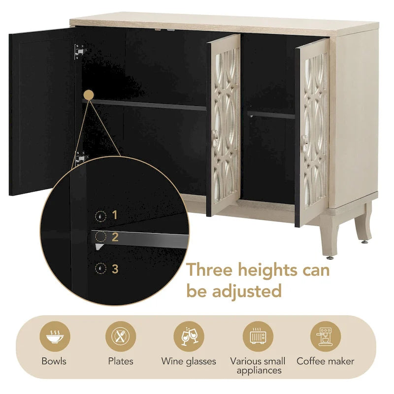 Farmhouse Mirrored 3-Door Sideboard Buffet Cabinet Silver Handle Black Grey Oak