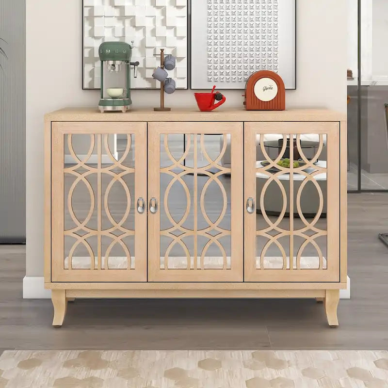 Farmhouse Mirrored 3-Door Sideboard Buffet Cabinet Silver Handle Black Grey Oak