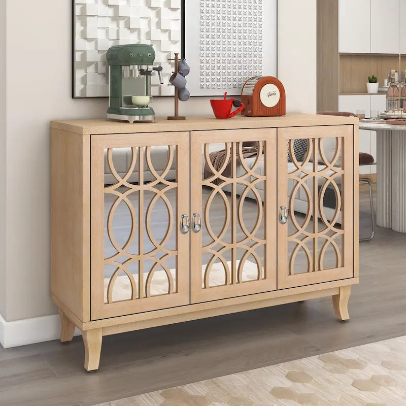 Farmhouse Mirrored 3-Door Sideboard Buffet Cabinet Silver Handle Black Grey Oak