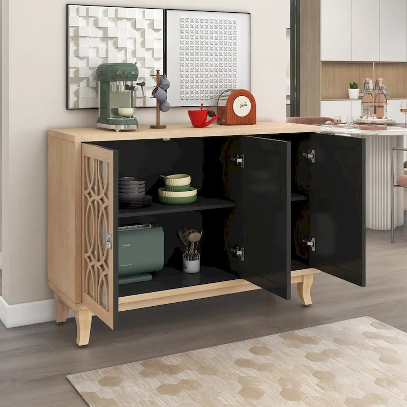 Farmhouse Mirrored 3-Door Sideboard Buffet Cabinet Silver Handle Black Grey Oak
