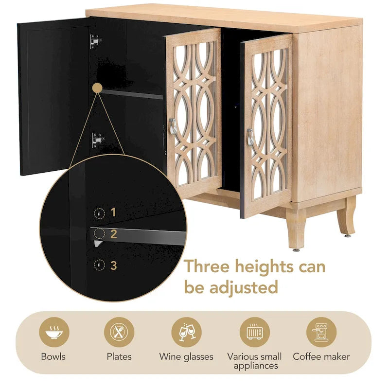 Farmhouse Mirrored 3-Door Sideboard Buffet Cabinet Silver Handle Black Grey Oak