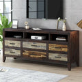 Rustic Distressed Wood TV Stand with 6 Drawers and 3 Open Shelves, Brown