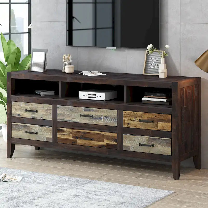 Rustic Distressed Wood TV Stand with 6 Drawers and 3 Open Shelves, Brown