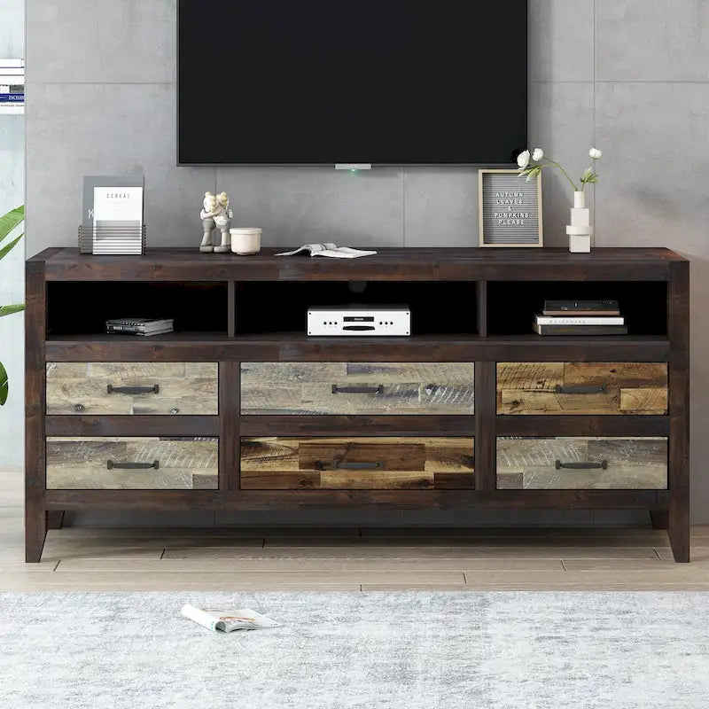 Rustic Distressed Wood TV Stand with 6 Drawers and 3 Open Shelves, Brown