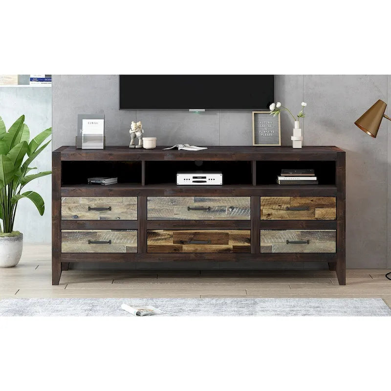 Rustic Distressed Wood TV Stand with 6 Drawers and 3 Open Shelves, Brown