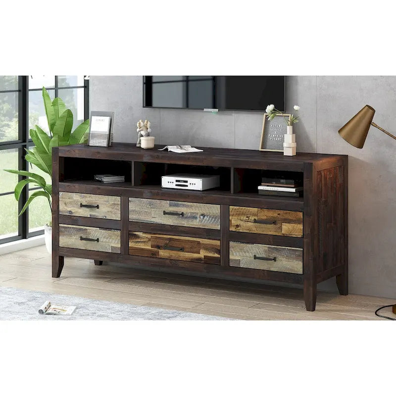 Rustic Distressed Wood TV Stand with 6 Drawers and 3 Open Shelves, Brown