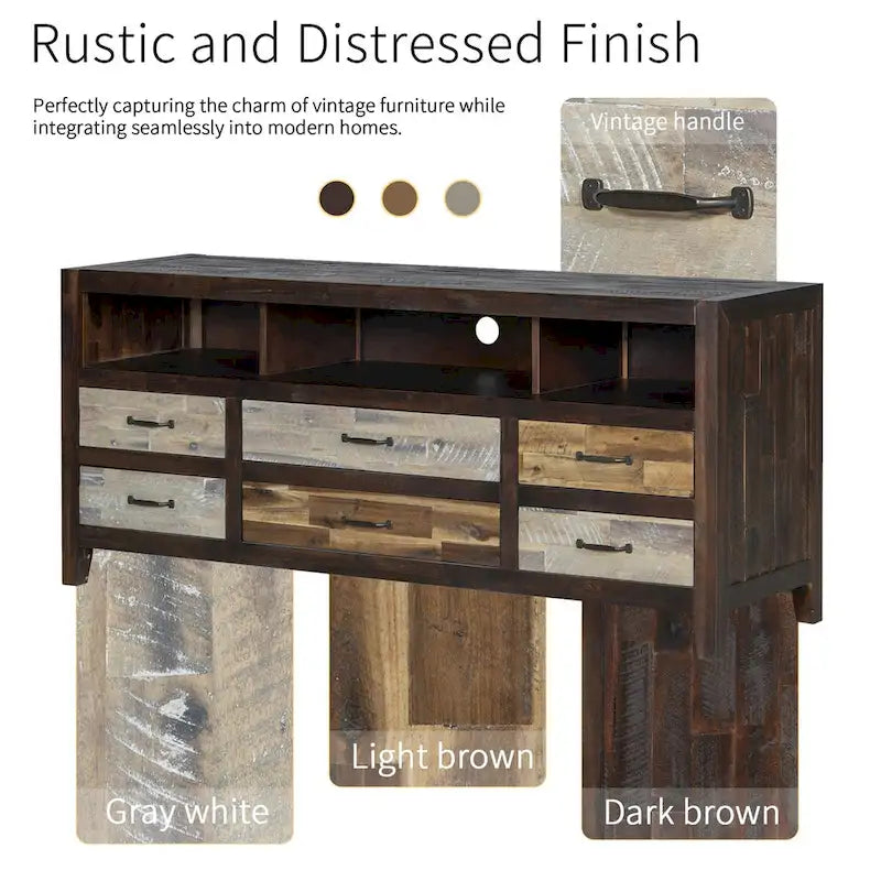 Rustic Distressed Wood TV Stand with 6 Drawers and 3 Open Shelves, Brown