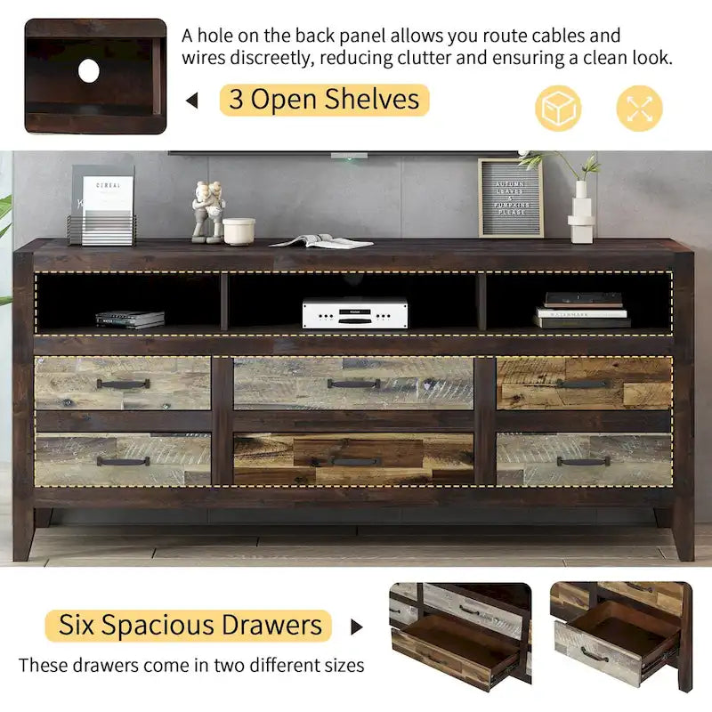 Rustic Distressed Wood TV Stand with 6 Drawers and 3 Open Shelves, Brown