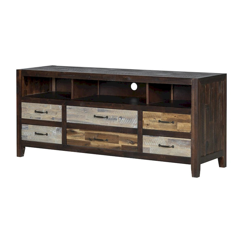 Rustic Distressed Wood TV Stand with 6 Drawers and 3 Open Shelves, Brown