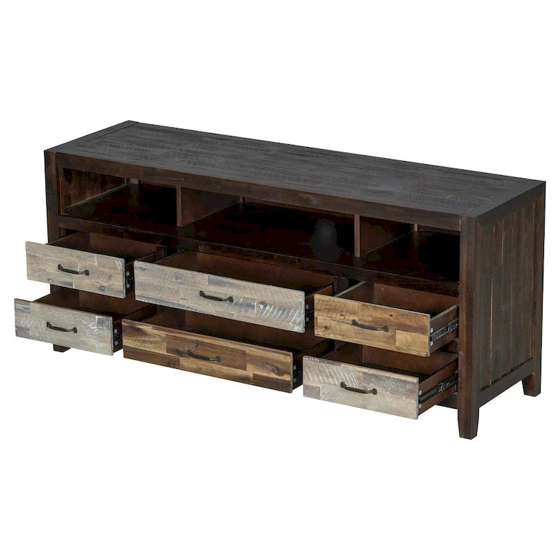 Rustic Distressed Wood TV Stand with 6 Drawers and 3 Open Shelves, Brown