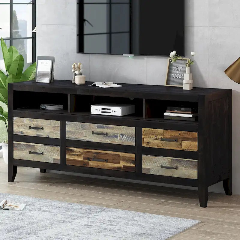 Rustic Distressed Wood TV Stand with 6 Drawers and 3 Open Shelves, Brown