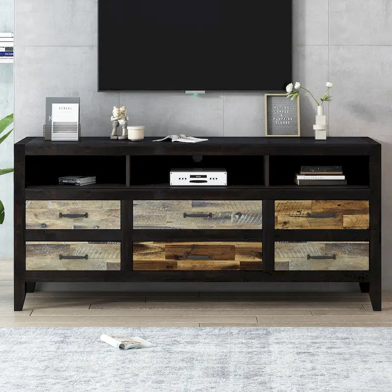 Rustic Distressed Wood TV Stand with 6 Drawers and 3 Open Shelves, Brown