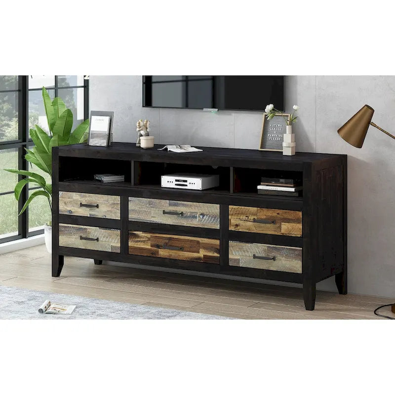 Rustic Distressed Wood TV Stand with 6 Drawers and 3 Open Shelves, Brown