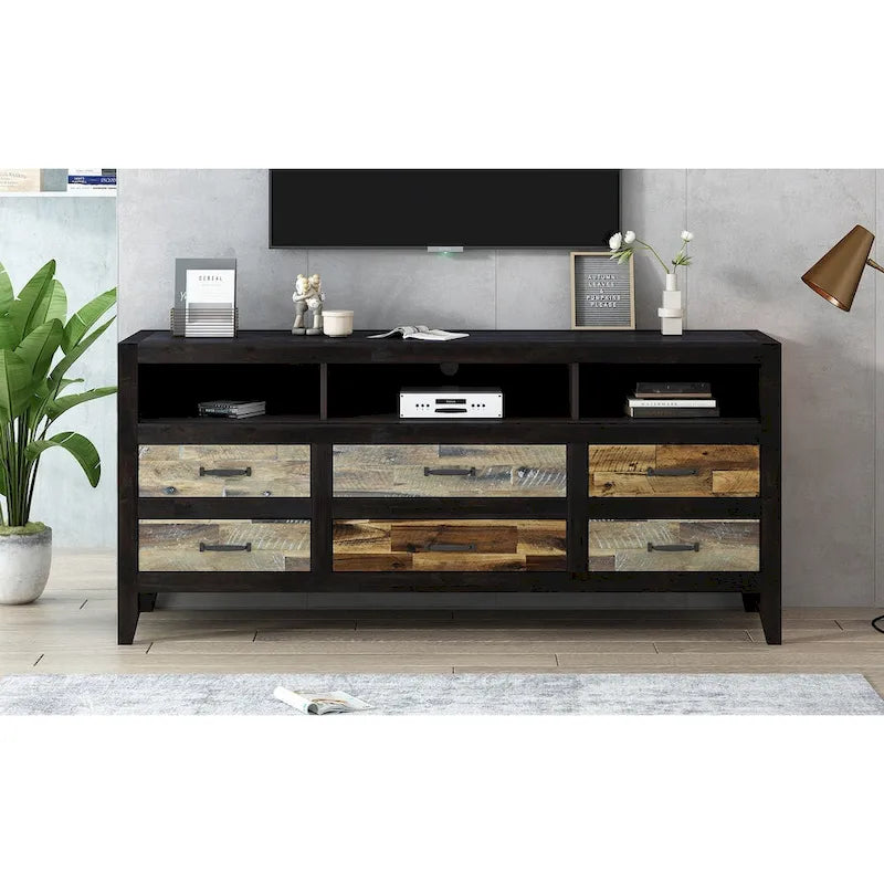 Rustic Distressed Wood TV Stand with 6 Drawers and 3 Open Shelves, Brown