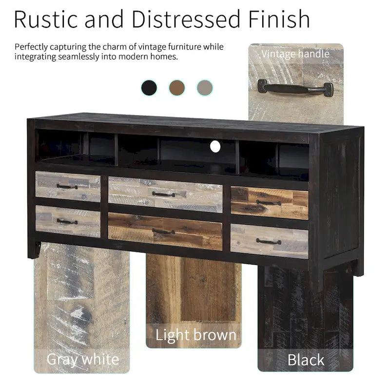 Rustic Distressed Wood TV Stand with 6 Drawers and 3 Open Shelves, Brown