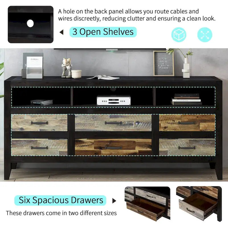 Rustic Distressed Wood TV Stand with 6 Drawers and 3 Open Shelves, Brown