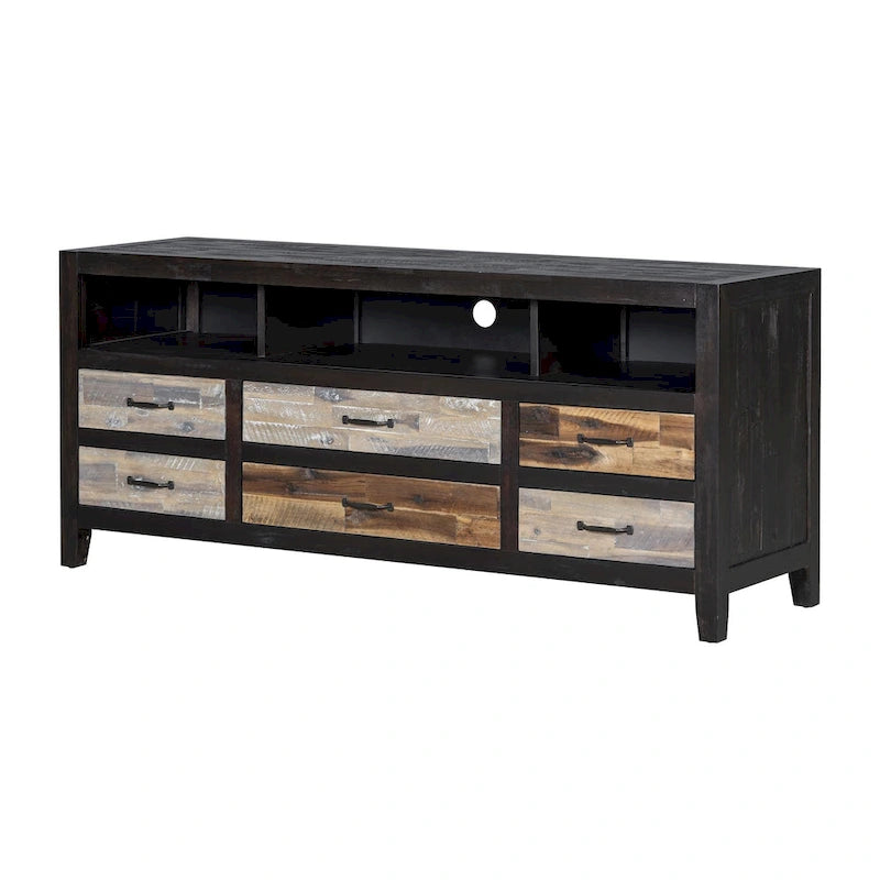 Rustic Distressed Wood TV Stand with 6 Drawers and 3 Open Shelves, Brown