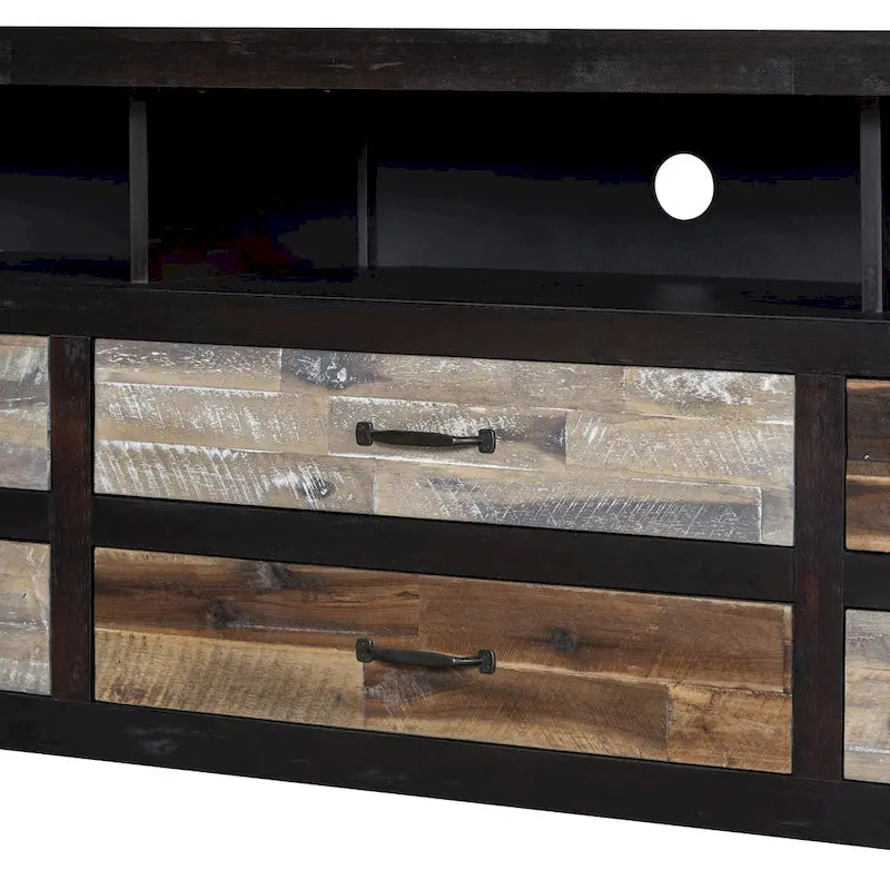 Rustic Distressed Wood TV Stand with 6 Drawers and 3 Open Shelves, Brown