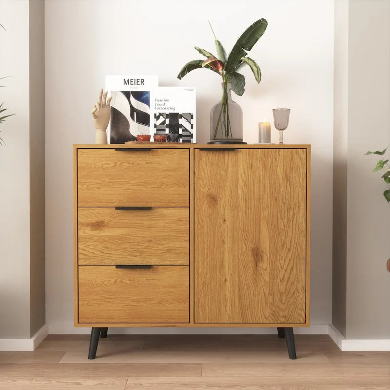 3-Drawer Storage Cabinet with Adjustable Shelf and Door, Natural Wood & Gray