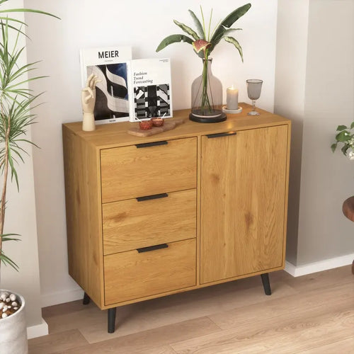 3-Drawer Storage Cabinet with Adjustable Shelf and Door, Natural Wood & Gray