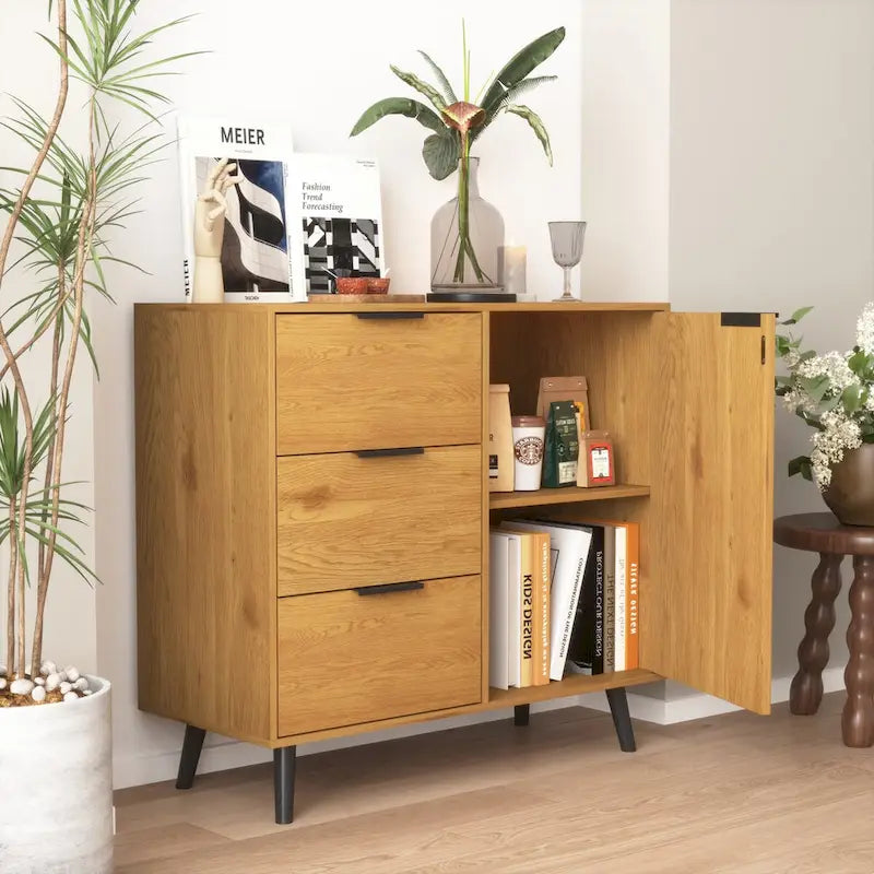 3-Drawer Storage Cabinet with Adjustable Shelf and Door, Natural Wood & Gray