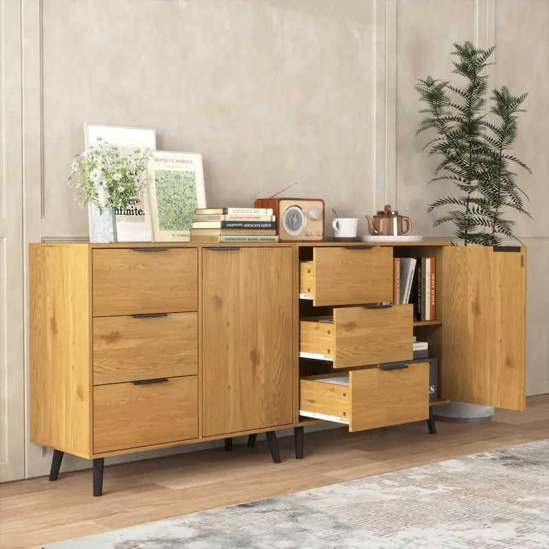 3-Drawer Storage Cabinet with Adjustable Shelf and Door, Natural Wood & Gray